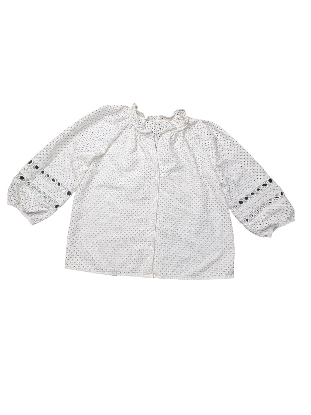 LOFT White Eyelet Button-Front Blouse with Embroidered Sleeves Size SP